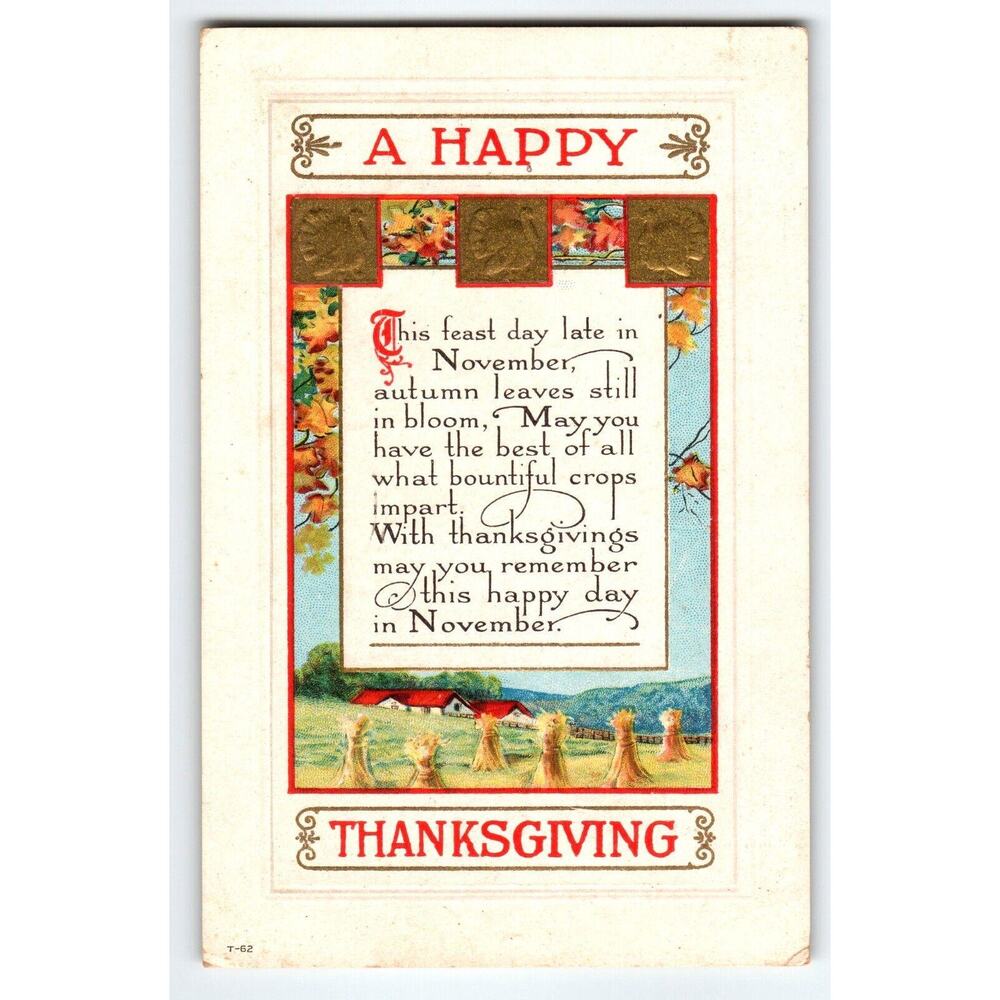 Thanksgiving Postcard Gold Box Turkey Hay Stacks Autumn Leaves Still In Bloom